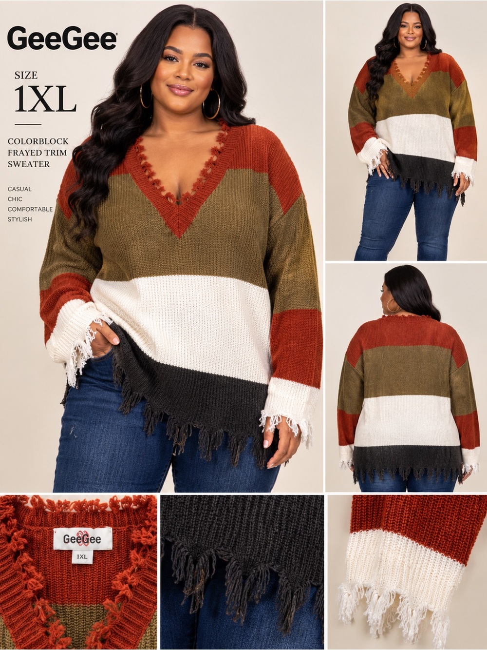 GeeGee Plus Size Colorblock V-Neck Sweater in Rust, Olive & Cream - 1XL